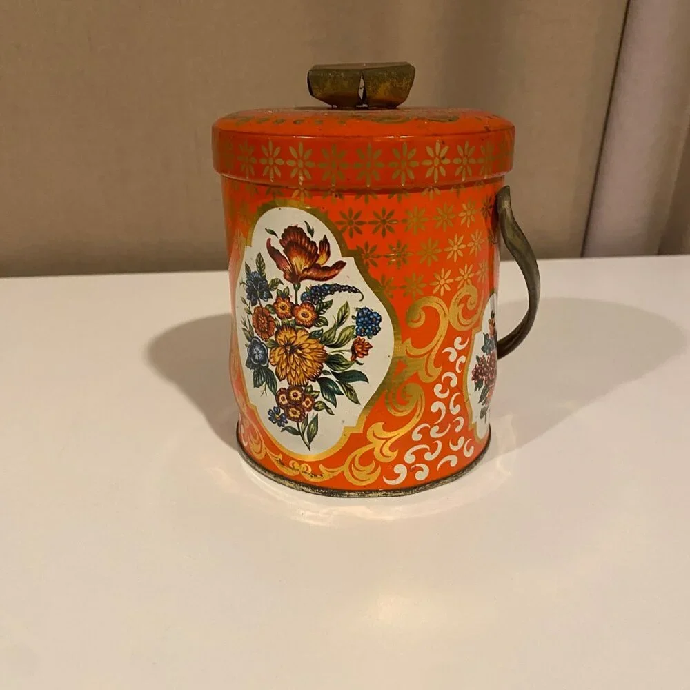 Vintage English Orange Floral‎ Toffee Tin Canister 4.5x3.5 Cottagecore
